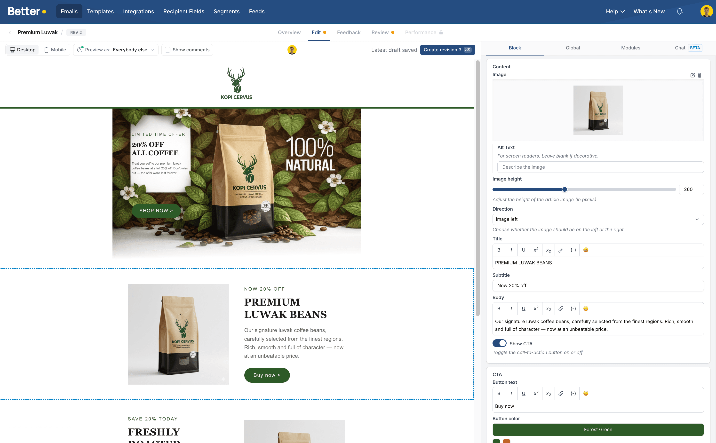 Better Email editor showing a campaign and its design controls