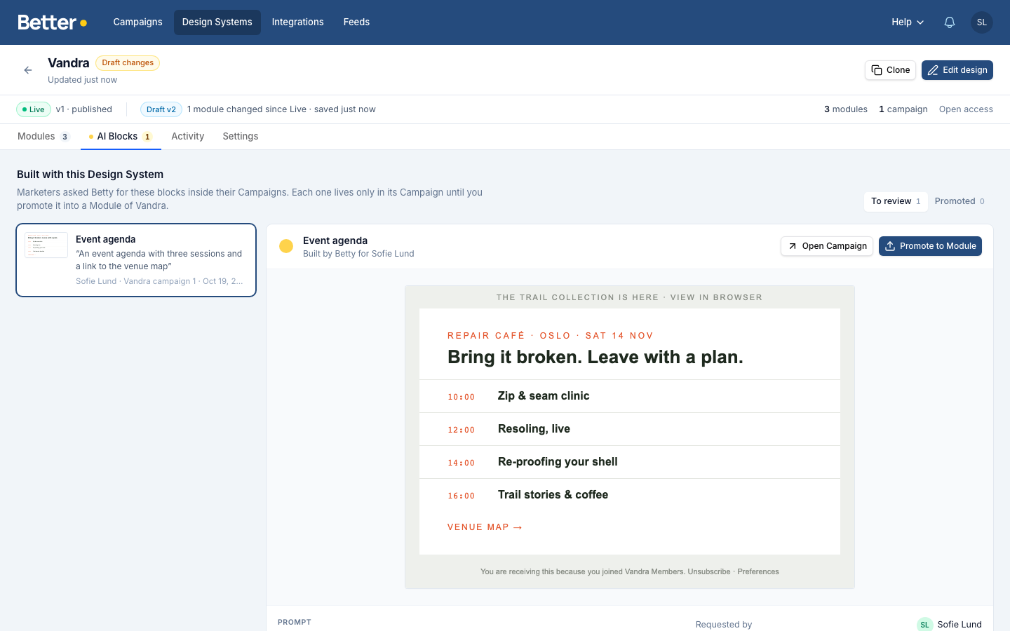 The AI Blocks tab of the Vandra Design System with an event agenda block ready to promote to a Module