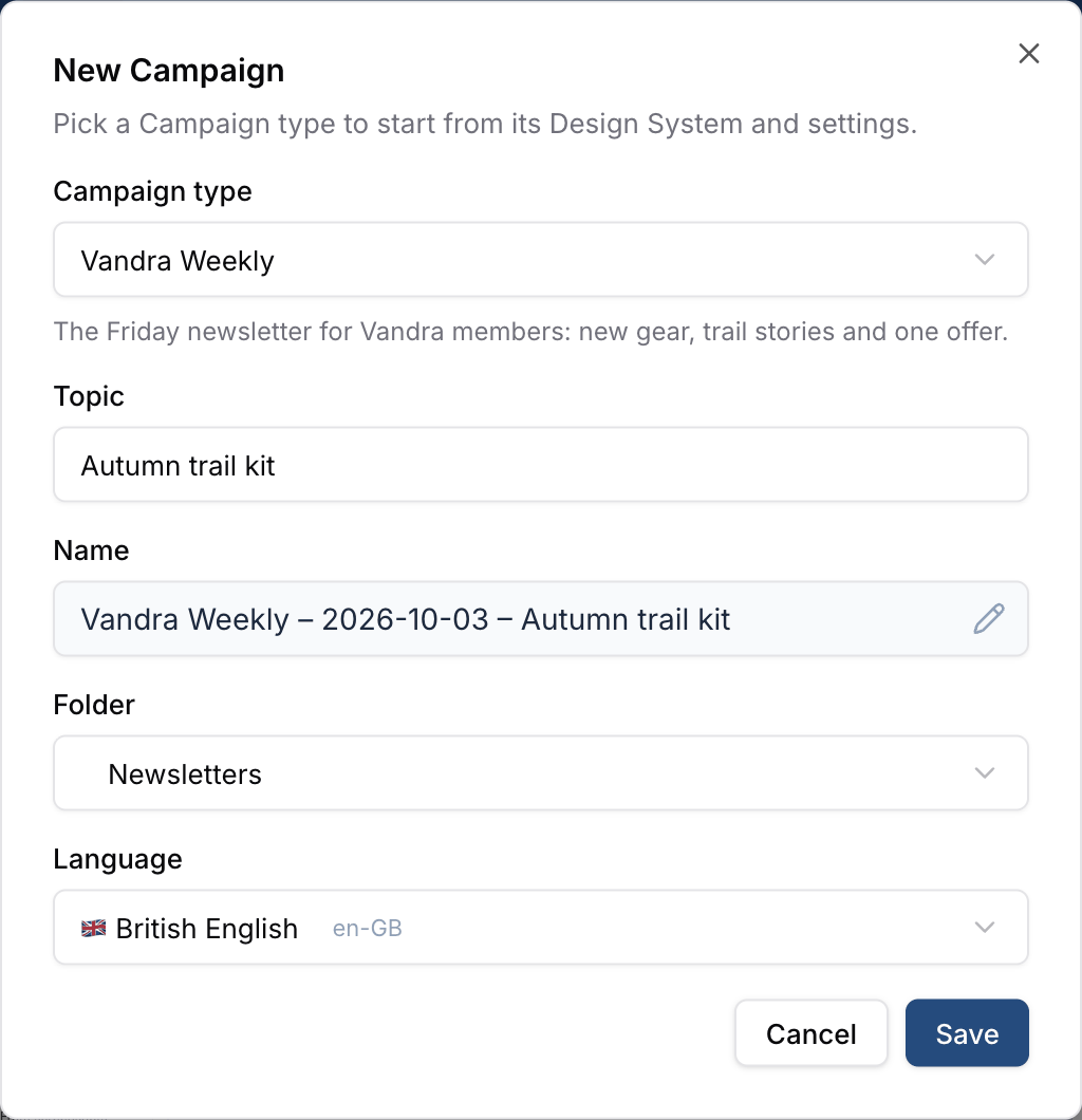 The New Campaign dialog with the Vandra Weekly Campaign type picked, a topic filled in and the generated name, Folder and language