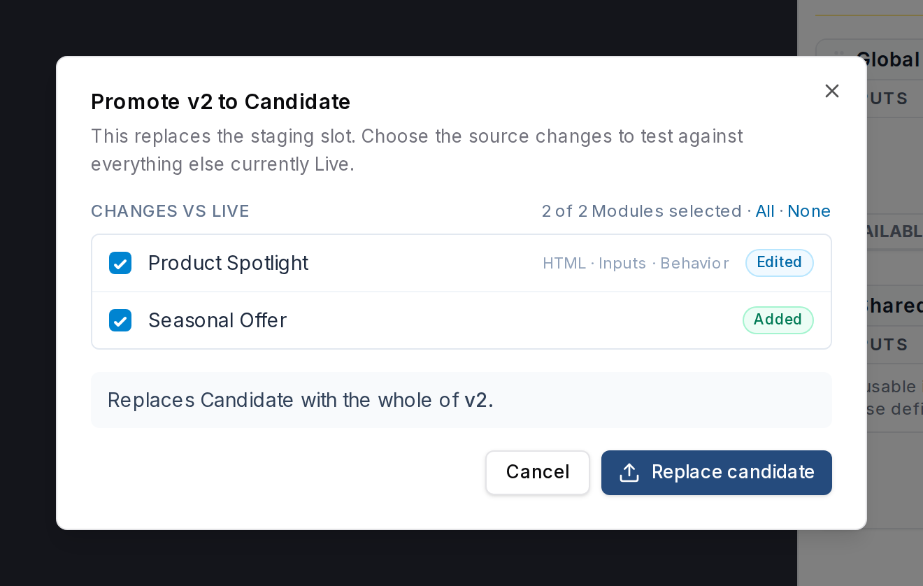 Promote v2 to Candidate dialog with two changed Modules selected