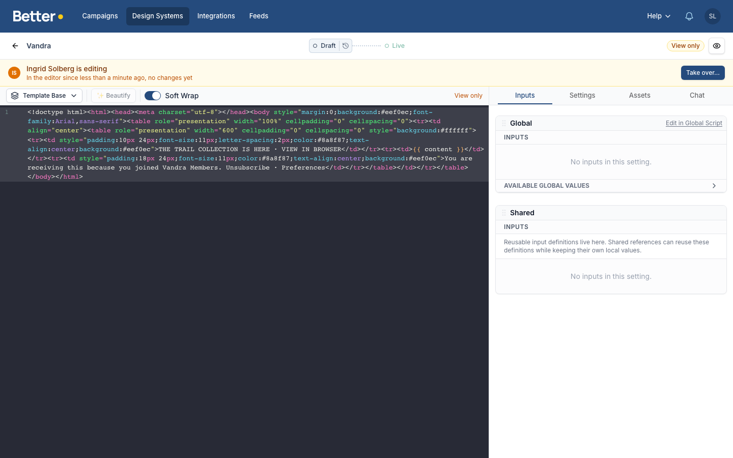 A Design System open in view only mode with a banner showing that Ingrid Solberg is editing and a Take over button