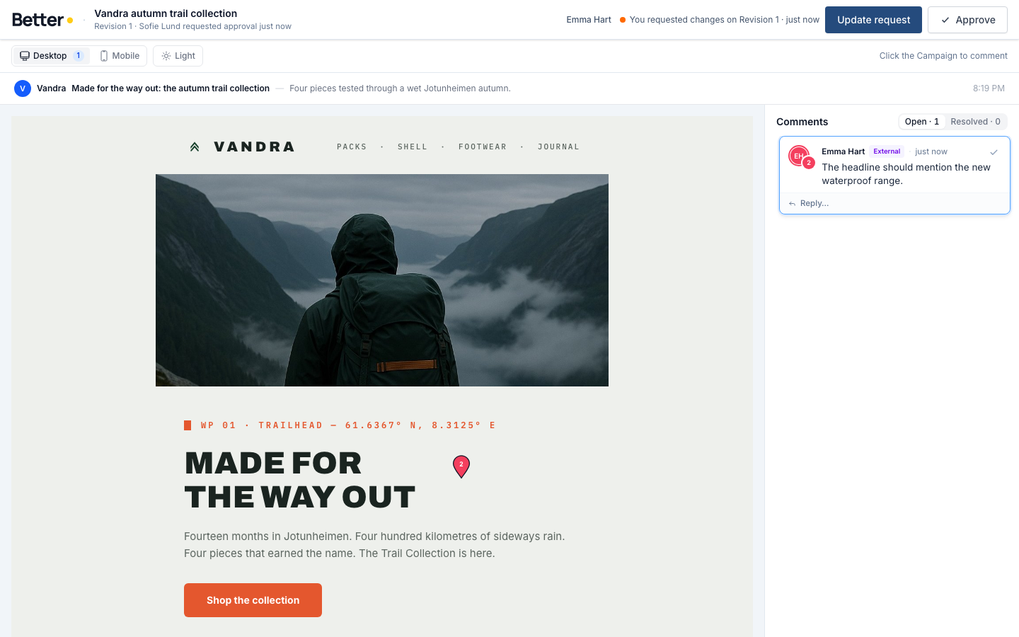 The review page for a Vandra Campaign with a reviewer comment pinned to the headline and the Update request and Approve buttons