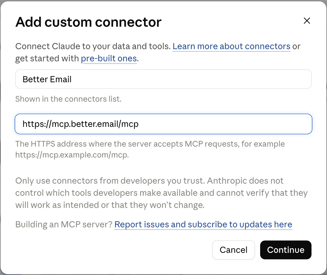 Claude's custom connector dialog with the Better Email MCP server URL filled in