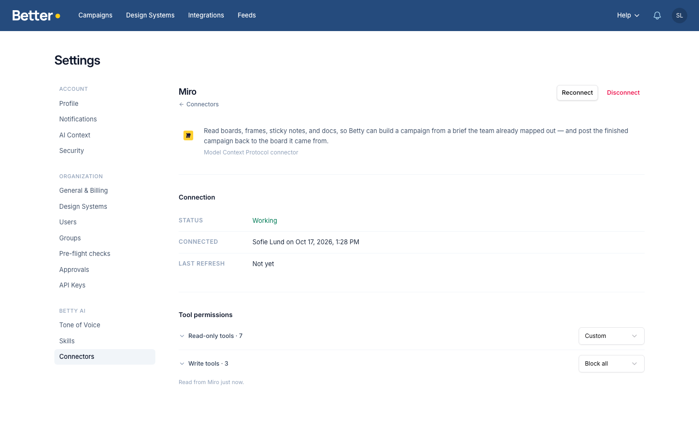 The Miro connector in Settings with a working connection and its tool permissions
