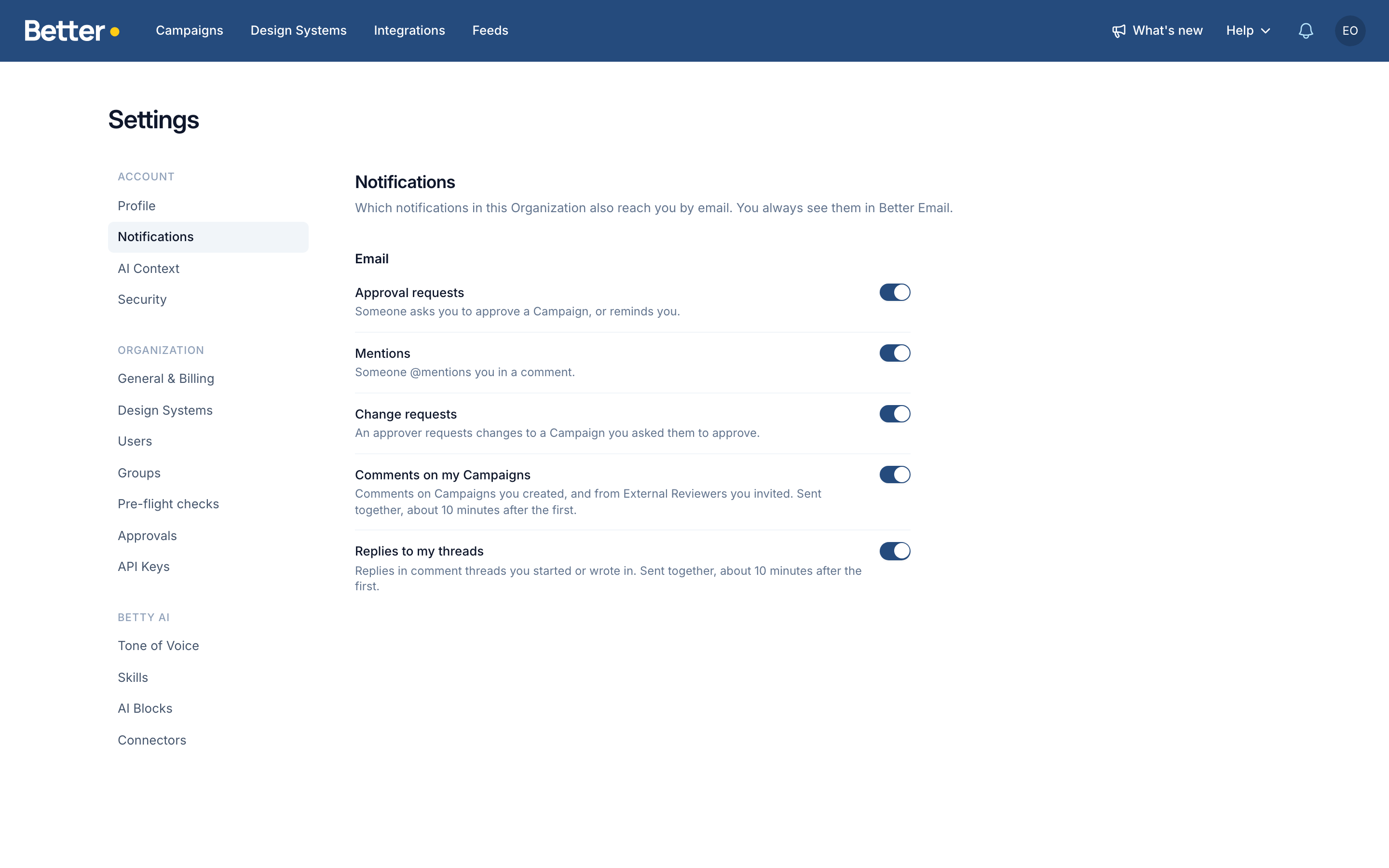 Settings, Notifications, with an email switch for approval requests, mentions, change requests, comments on my Campaigns and replies to my threads