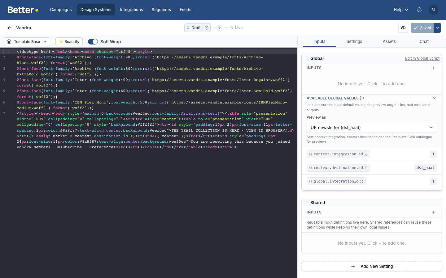 The Vandra Design System editor with Render Context values listed under Available global values