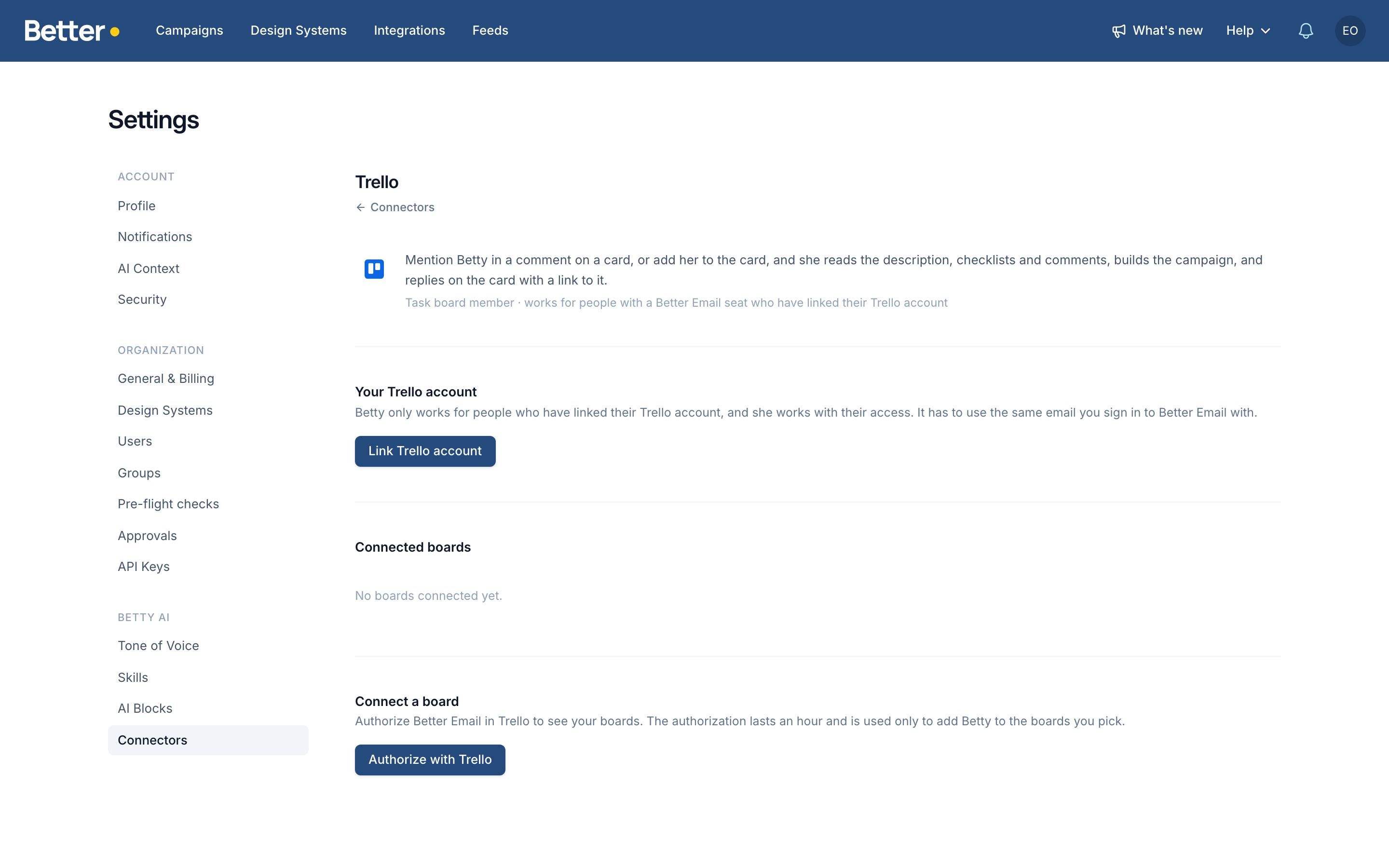 The Trello connector in Settings, with a Link Trello account button under Your Trello account